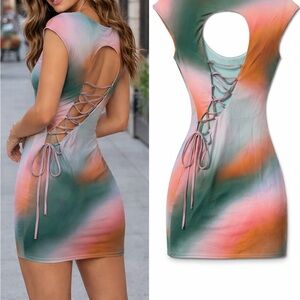 Steve Madden Pastel Tie Dye Open Back Bias Lace-Up Mini Dress NWT Small
